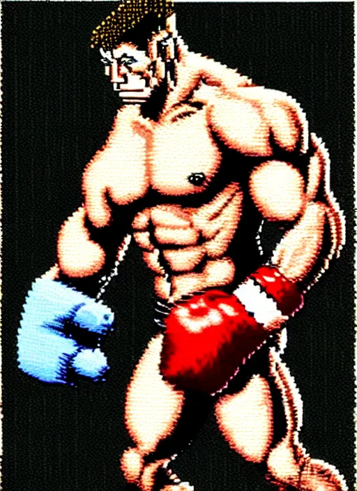 Image similar to 8 bit nes graphics. antropomorphic muscular masculine wolf. kickboxer fighter, in shorts. wolf head. fine details, very sharp, art from nes game cartridge, marc simonetti and hermann nitsch
