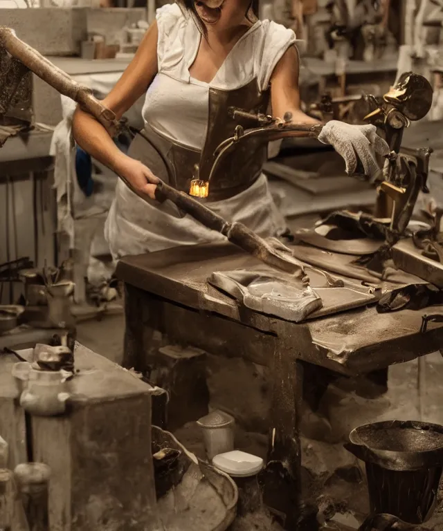 Image similar to A beautiful girl makes bronze gear on a workbench, 50mm photo, soft light, highly detailed, motion blur, trending on artstation