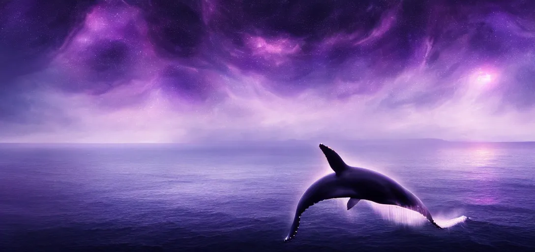 Prompt: an epic wide angle shot of a lonely whale flying above the sea, cosmic starry sky, concept art, purple theme atmospheric lighting by leesha hannigan