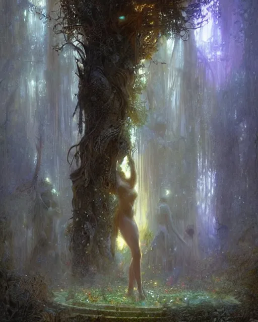 Image similar to my dream when soul leaving body, dryads standing near me in lingering made of plants and trees trying to catch soul that flying up to gods light ray from above, volumetric neon lights intricate details, by greg rutkowski, gaston bussiere