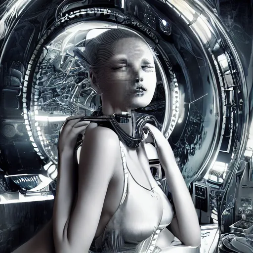 Image similar to the portrait of an absurdly beautiful, graceful, sophisticated, fashionable cyberpunk gynoid gravure idol, an ultrafine hyperdetailed illustration by kim jung gi, irakli nadar, intricate linework, neon wiring, porcelain skin, unreal engine 5 highly rendered, global illumination, radiant light, detailed and intricate environment