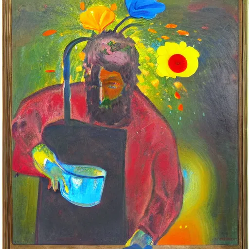 Prompt: man pouring water on head, flowers are in a pot on his head, the pot is part of his head, abstract expressionism, oil on canvas