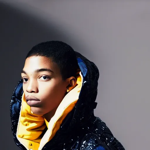 Image similar to realistic photoshooting for a new balenciaga lookbook color film photography close up portrait of a beautiful woman model, model wears a puffer jacket, photo in style of tyler mitchell, ssense