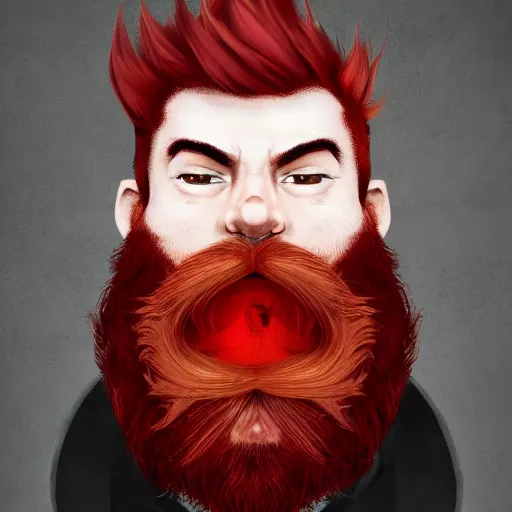 Prompt: red haired man with red beard, looking grumpy, wearing black coat, fire behind him, funny, fantasy artwork, fantastic artwork, 4 k, trending on artstation