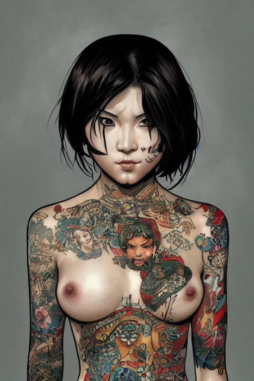 Prompt: portrait of yakuza girl with tattoo, highly detailed, marvel comics, dark, digital painting, artstation, concept art, smooth, sharp focus, illustration, art by Gustav Klimt