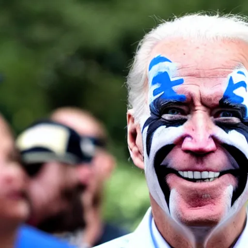 Prompt: joe biden wearing juggalo facepaint, photo taken at gathering of the juggalos