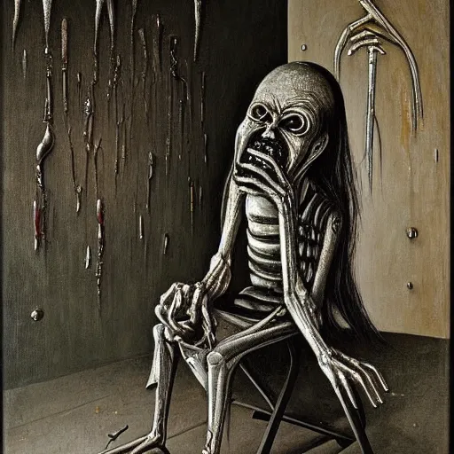 Image similar to a painter at his easel crying in despair, painting by HR Giger