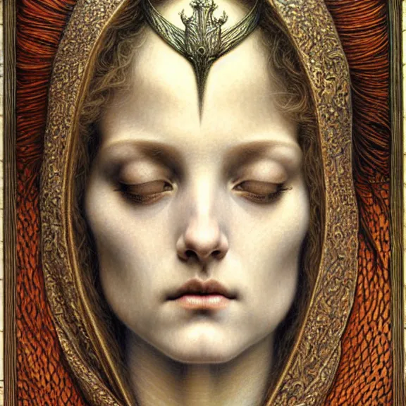 Image similar to detailed realistic beautiful young medieval queen face portrait by jean delville, gustave dore and marco mazzoni, art nouveau, symbolist, visionary, gothic, pre - raphaelite. horizontal symmetry