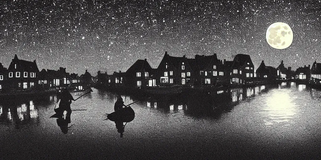 Prompt: Dutch houses along a river, silhouette!!!, Circular white full moon, black sky with stars, lit windows, stars in the sky, b&w!, Reflections on the river, a man is punting, flat!!, Front profile!!!!, HDR, soft!!, street lanterns, 1904, illustration, shadowy figures