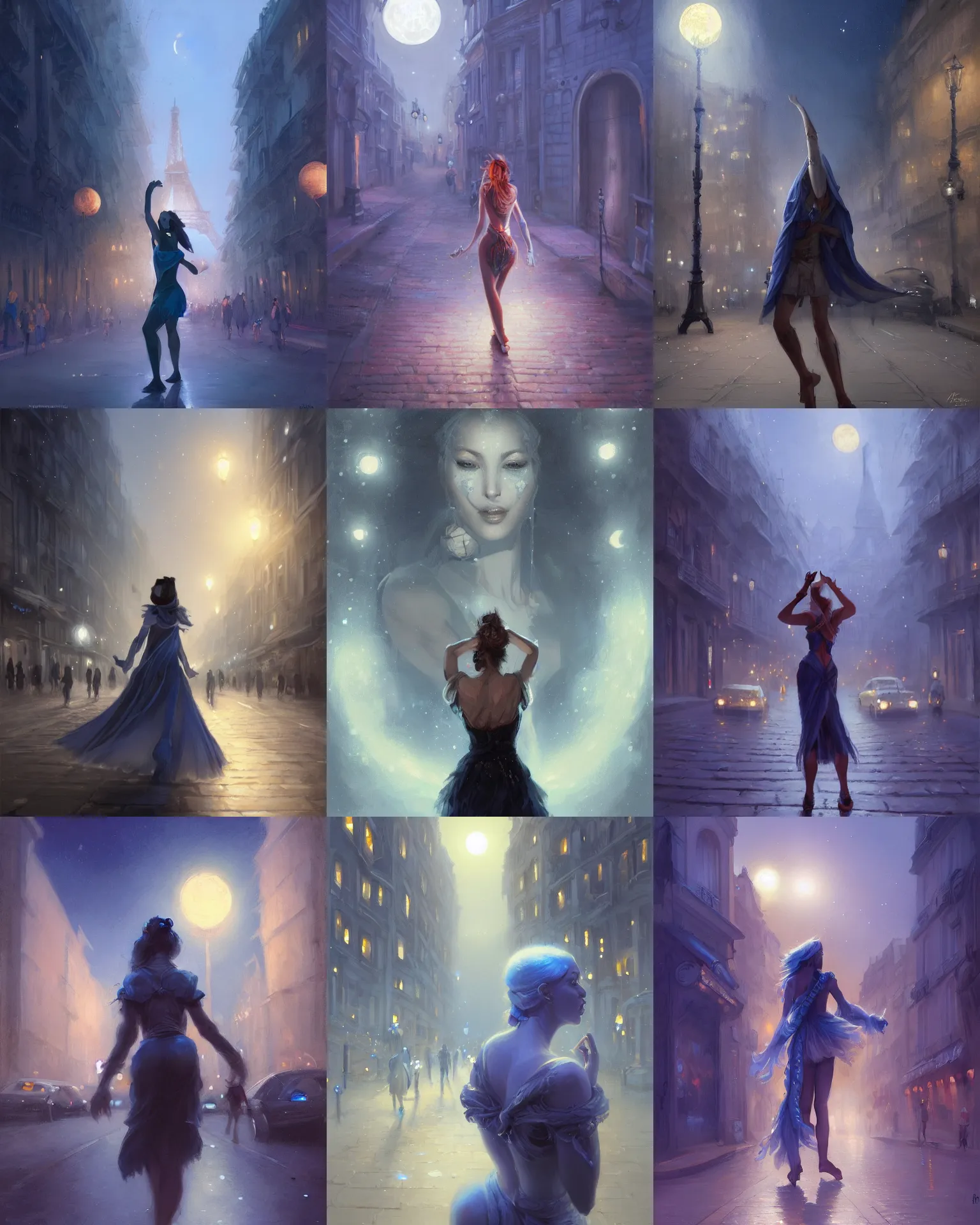 Prompt: portrait of a person back facing camera passionately dancing in a street in paris at night, blue moonlight, giant moon, by Artgem and Mandy Jurgens and greg rutkowski, fantasy, intricate, elegant, digital painting, concept art, romantic, trending on artstation