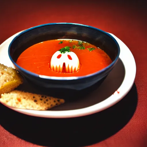 Prompt: a soup with teeth floating inside, food photography