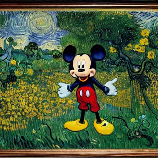 Image similar to mickey mouse entering the garden of eden, oil painting by van gogh, masterpiece