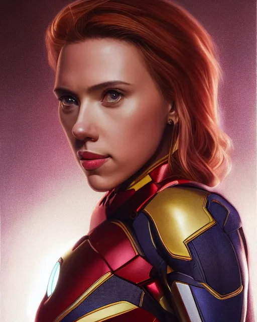 Prompt: 5 5 mm portrait photo of scarlett johansson as iron man. magical atmosphere. art by artgerm and greg rutkowski. highly detailed 8 k. intricate. lifelike. soft light. nikon d 8 5 0.