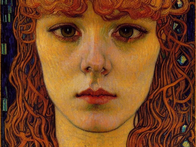 Image similar to detailed realistic beautiful young medieval queen face portrait by jean delville, gustav klimt and vincent van gogh, art nouveau, symbolist, visionary, gothic, pre - raphaelite, muted earthy colors, desaturated