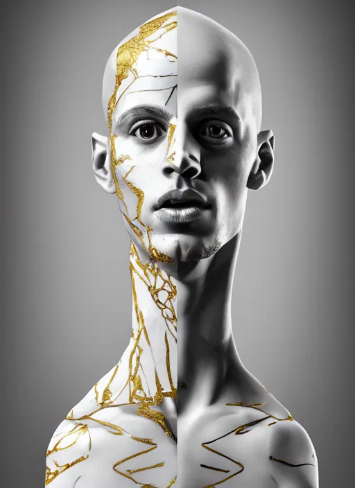 Image similar to a statue made of white marble with gold veins, of steph curry with water, transhumanism, full body shot, perfect symmetrical body, perfect symmetrical face, hyper realistic, hyper detailed, by johannen voss, by peter kemp, by monia merlo, by michelangelo, octane render, blender, 8 k