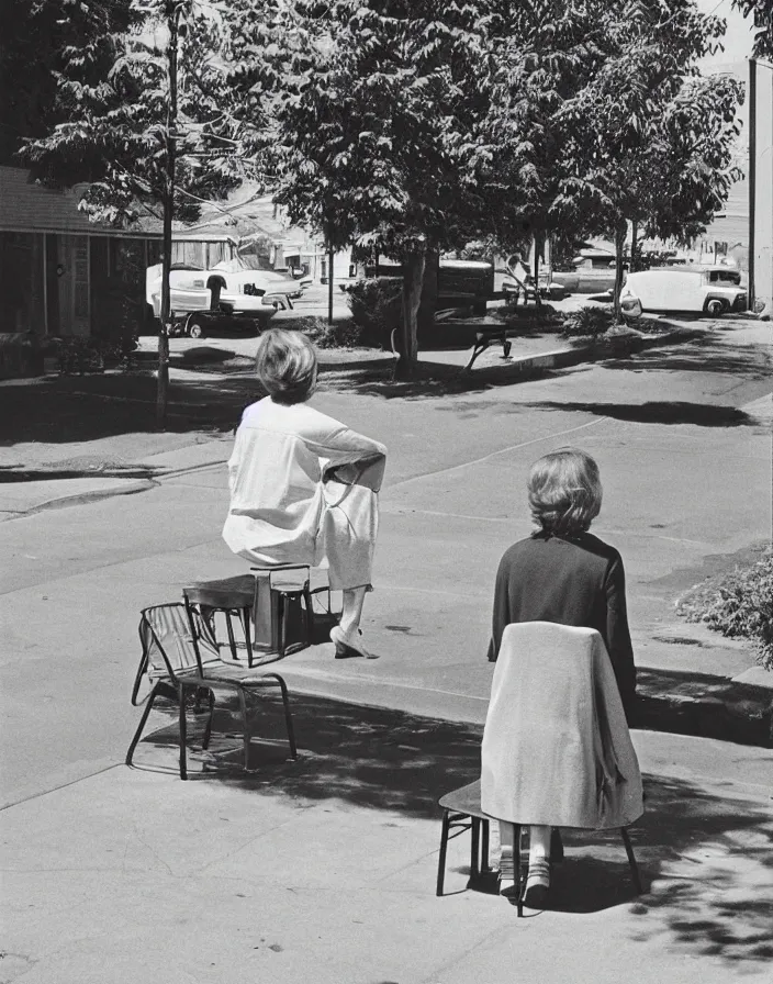 Prompt: “ 1 9 6 0 s quiet american neighborhood, a woman waiting ”