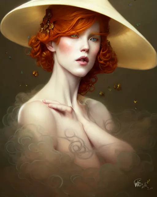 Prompt: Beautiful and playful ethereal ginger portrait, art nouveau, fantasy, with a hat made of clouds , elegant, highly detailed, sharp focus, art by Artgerm and Greg Rutkowski and WLOP