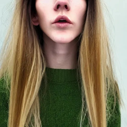 Image similar to brunette with dyed blonde hair, 21 years old, 165 cm tall, long flat hair, blonde, green eyes, 20% smaller nose, small mouth, round shaped face, big forehead, lop eared, thin eyebrows, real life Carl Zeiss optics photo