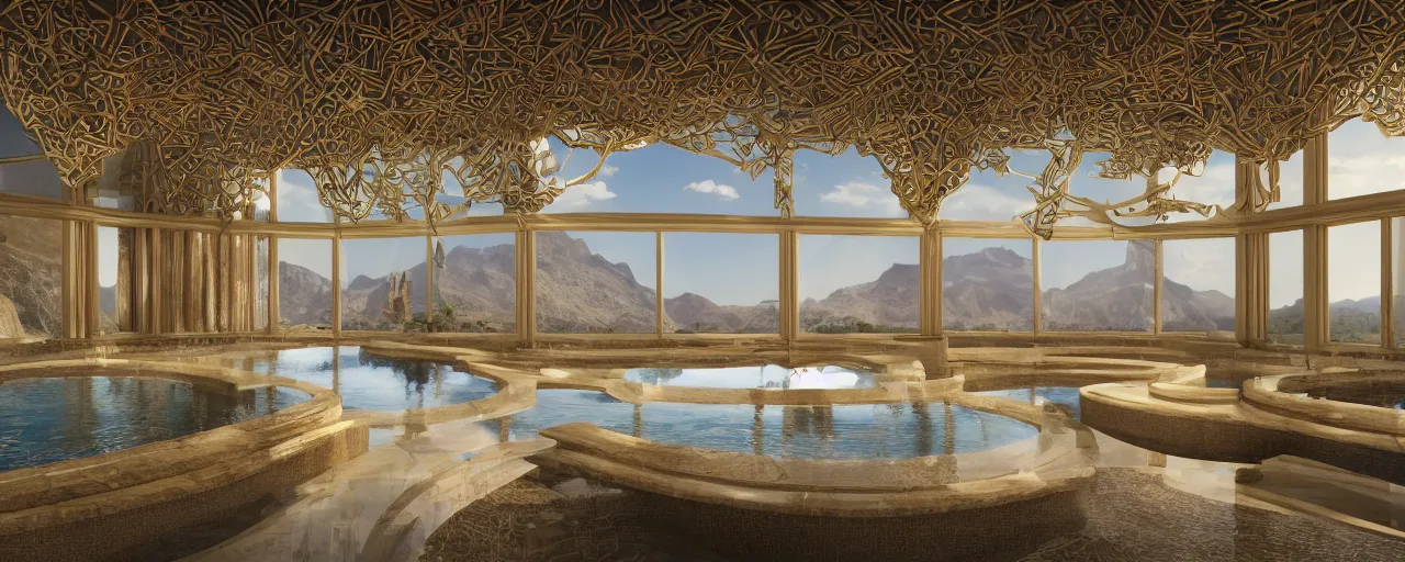 Image similar to photo of a cinematic interior of a triple height hyper luxury spa with everything made of gold, candles, windows with view to desert mountains and river, beige stone marble floor with reflection, small wellness relaxation pool, intricate hieroglyph detailed roof, contemporary design, fractal sacred geometry, 8 k, hyperrealistic, photorealism,