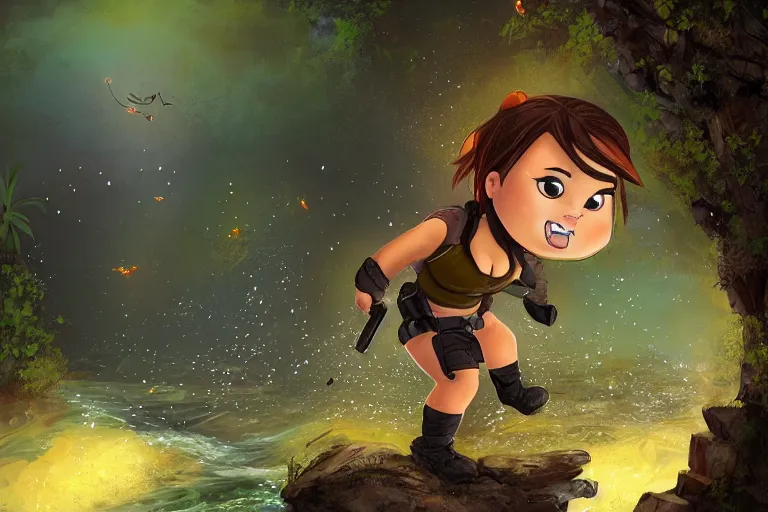 Prompt: wide shot of obese Chibi derpy Lara Croft climbing out of a roaring ancient river, fireflies by Lilia Alvarado