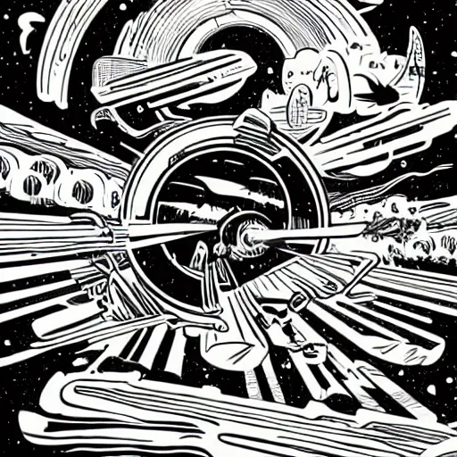 Image similar to colorful mcbess style interstellar war