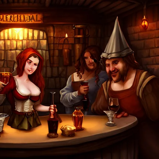 Image similar to medieval tavern with barmaid and patrons, deviantart, artstation, fantasy