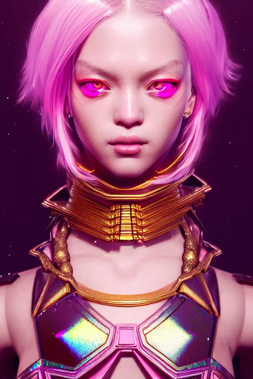 Prompt: hyperdetailed portrait of a stunningly beautiful movie star androgynous guard made of iridescent metals, shiny pink gems, inspired by ross tran and wlop and masamune shirow and kuvshinov, concept art, intricate, photorealistic, octane render, rtx, hdr, unreal engine, dnd digital art by artgerm