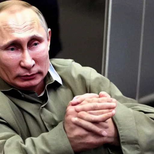 Prompt: Vladimir Putin crying like a baby, dressed in prisoner clothes, with handcuffs,