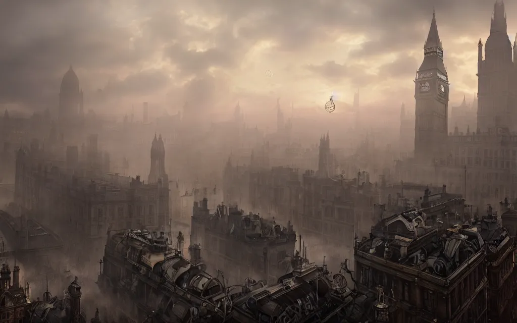 Image similar to an ultra wide angle view of 1 8 8 0 s london, steampunk, clockwork, steamy, ominous, hyperrealism, by greg rutkowski, zaha hadid, octopath traveler, final fantasy, octane render, misty, highly rendered, global illumination, radiant light