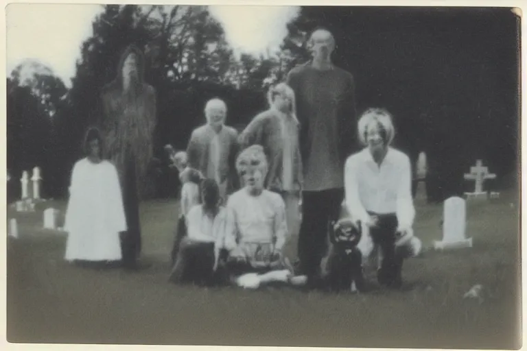 Image similar to old polaroid of weird lookin family photo in the cemetery, there is a demon in the background