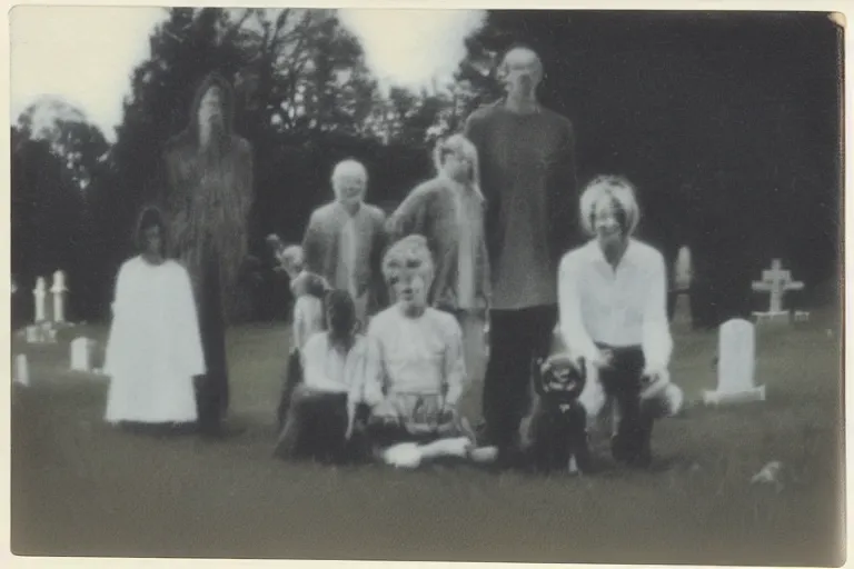 Prompt: old polaroid of weird lookin family photo in the cemetery, there is a demon in the background