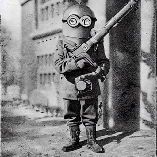 Prompt: old wartime photograph of a despicable me minion holding a lewis gun, 1 9 1 7