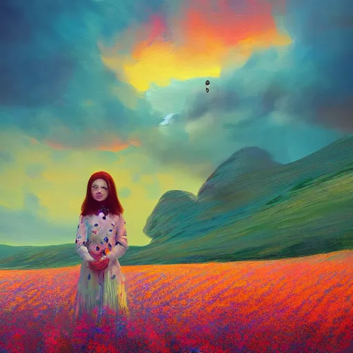 Image similar to girl with a flower face, surreal photography, standing in flower field, in a valley, sunrise dramatic light, impressionistic painting, colorful clouds, artstation, dali, simon stalenhag