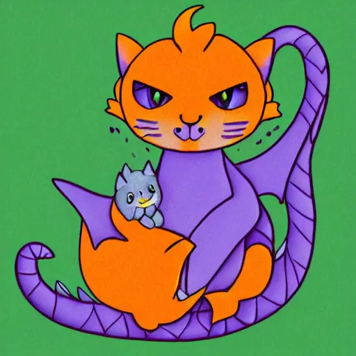 Image similar to small cute purple dragon, the dragon is hugging an orange tabby cat, soft, cozy