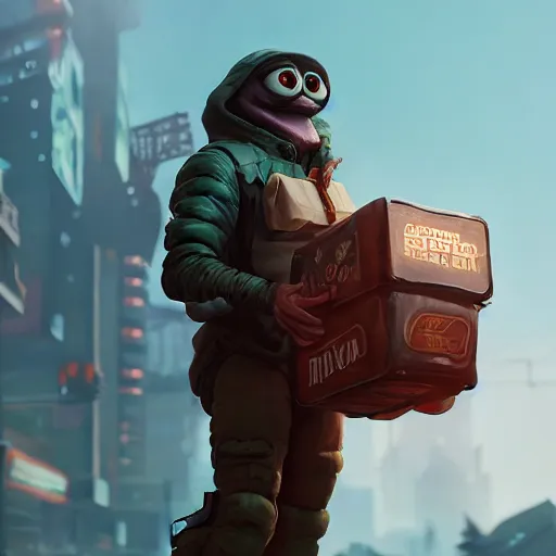 Image similar to pepe holding loot box, wadim kashin, simon stalenhag, featured in artstation, octane render, cinematic, elegant, intricate