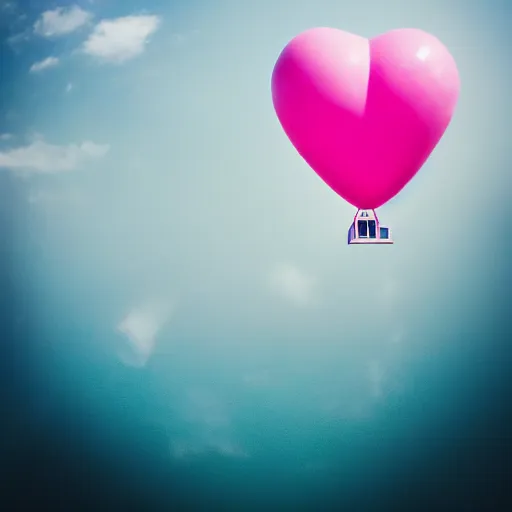 Image similar to a 5 0 mm lens photograph of a cute pink floating modern house, floating in the air between clouds, inspired by the movie up, held up from above by heartshaped ballons. mist, playful composition canon, nikon, award winning, photo of the year