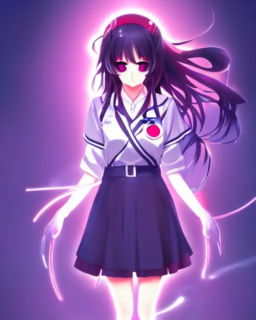 Image similar to anime style, vivid, expressive, full body, 4 k, painting, a cute magical girl with a long wavy black hair wearing a nurse outfit, stunning, realistic light and shadow effects, centered, simple background, studio ghibly makoto shinkai yuji yamaguchi