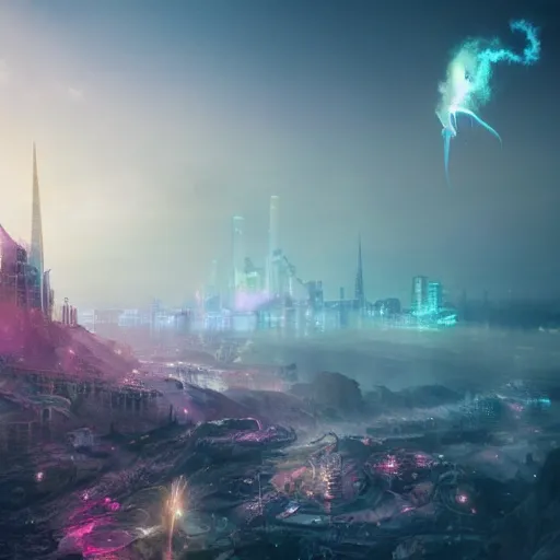 Image similar to a iridescent unicorn on a cliff overlooking a dystopian city covered in toxic smog, ultra realistic, concept art, intricate details, highly detailed, photorealistic, octane render, 8 k, fantasy art