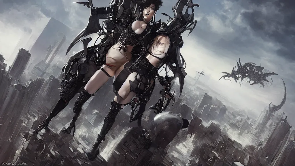 Prompt: 3/4 portrait of a modern warrior woman with a cropped jacket and miniskirt and thigh high socks and combat boots riding a mechanical futuristic dragon flying over post apocalyptic skyscraper buildings, daytime, matte painting, like artgerm