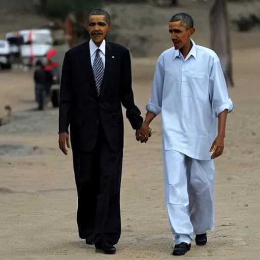 Prompt: Bin Laden and Barack Obama holding hands
