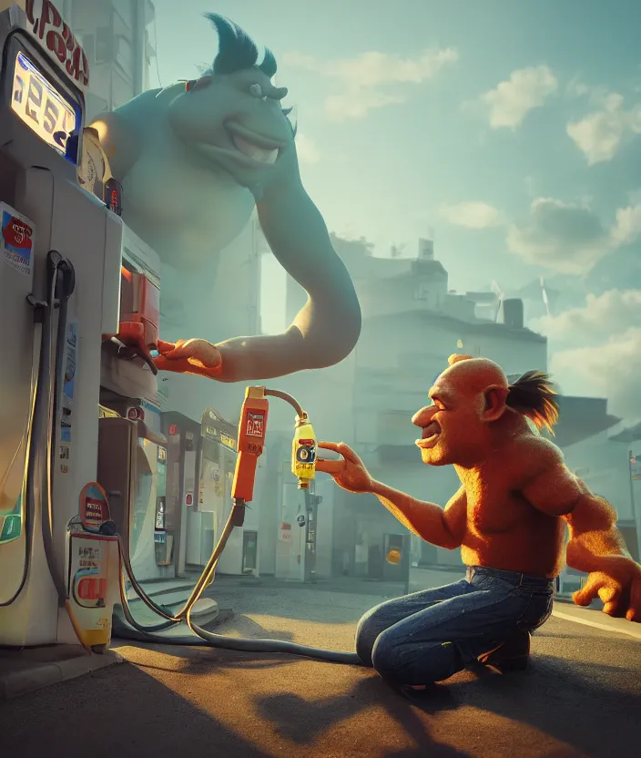 Prompt: a troll drinking gas from a gas station pump. an ogre drinking fuel from a pump. high quality sharp focus, beautiful volumetric light. photograph by tooth wu, wlop, beeple, dan mumfor, octane render, artstation