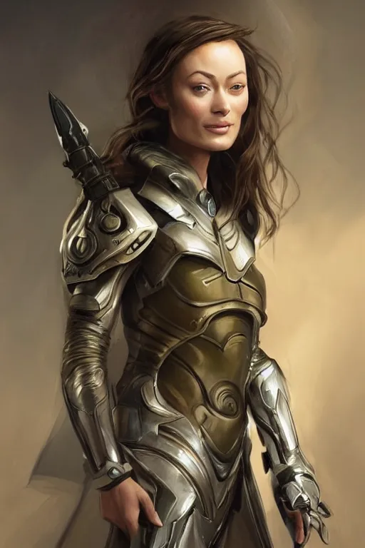 Image similar to a professional painting of a young Olivia Wilde, clothes in military armor, olive skin, long dark hair, beautiful bone structure, symmetrical facial features, intricate, elegant, digital painting, concept art, smooth, sharp focus, illustration, from StarCraft by Ruan Jia and Mandy Jurgens and Artgerm and William-Adolphe Bouguerea