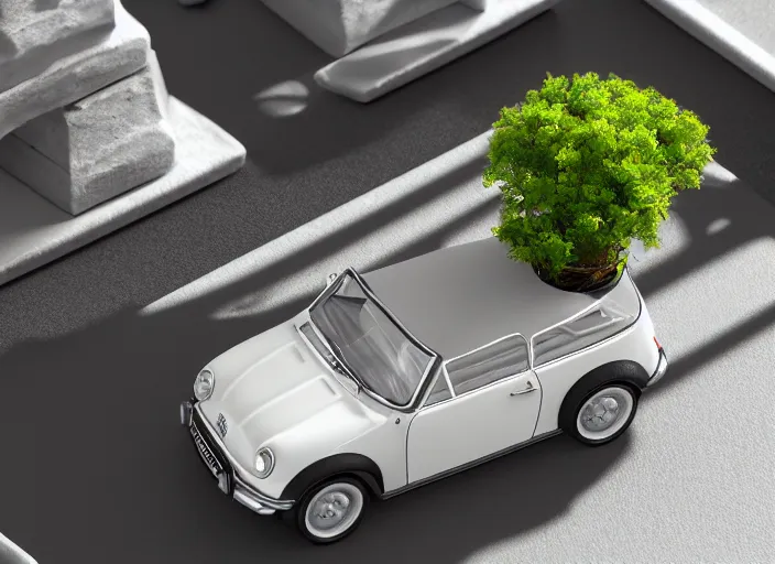 Image similar to a small miniature of a Mini Cooper S 1963 on a white table near a vase with a plant, 3d render, octane render, unreal engine 5, path tracing, serene landscape, calm, relaxing, beautiful landscape, highly detailed, high quality, 4k, symmetrical, low contrast, view from above