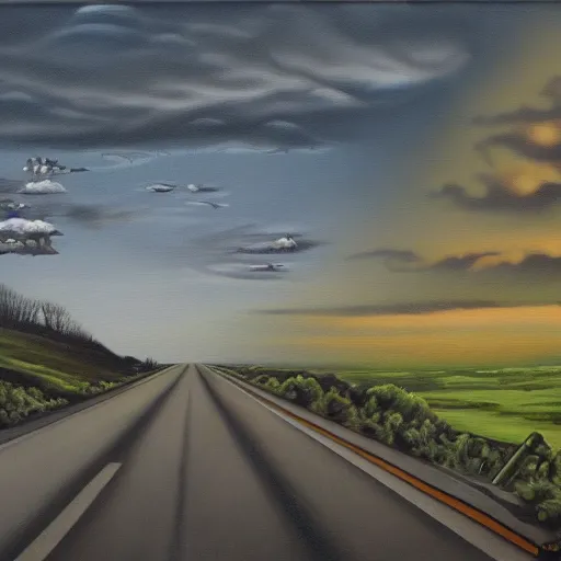 Prompt: depression highway, oil and acrylic on canvas, surrealism, high detail