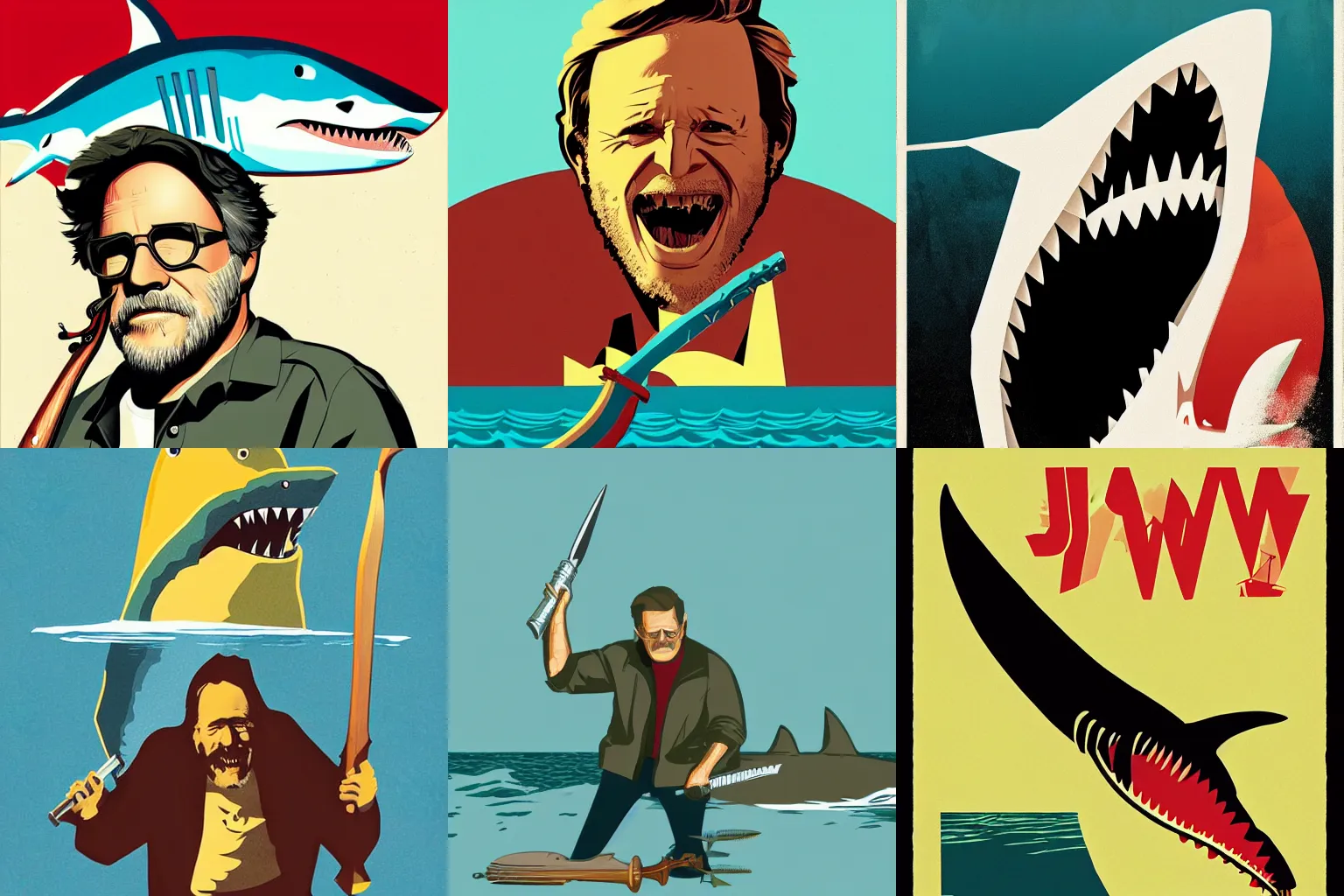 Prompt: Jaws artwork by Tom Whalen Rendering of Richard Dreyfuss with shark spear, full of details, trending on artstation