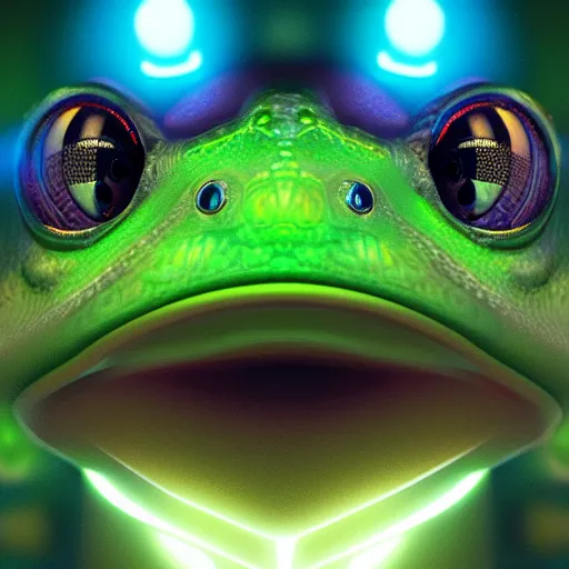 Image similar to illuminated cyber frog, vivid colors, high details, cinematic, 8k resolution, beautiful detailed, photorealistic, digital painting, artstation, concept art, smooth, sharp focus, illustration, fantasy background, artstation trending, octane render, unreal engine