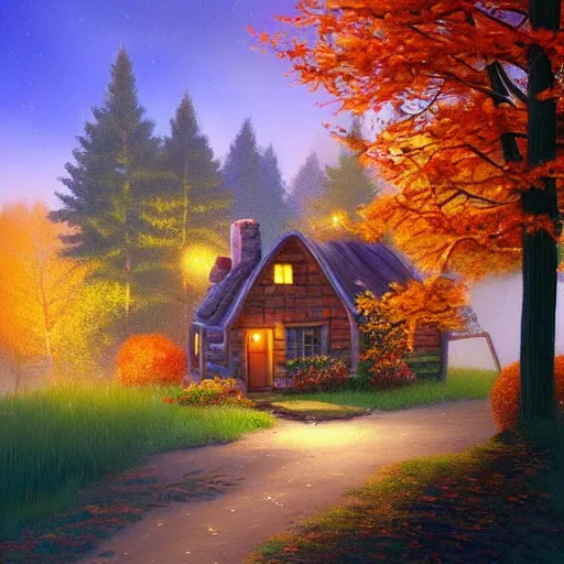 Image similar to cottage inspired by Evgeny Lushpin,autumn ,night time,forest,8K,art station