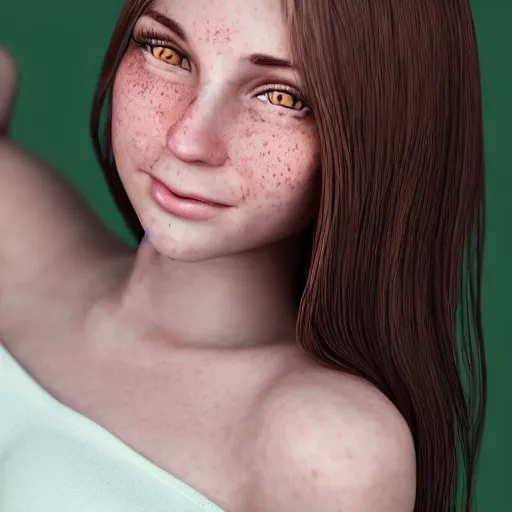 Prompt: Render of April, a cute 3D young woman, long shiny bronze brown hair, full round face, green eyes, medium skin tone, light cute freckles, light blush, smiling softly, wearing casual clothing, relaxing on the couch, interior lighting, cozy living room background, medium shot, mid-shot, hyperdetailed, hyperreal, trending on Artstation, Unreal Engine, 4k
