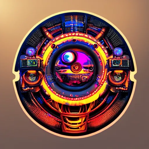 Image similar to sticker of a rock band, name is tripmachine, on the sticker is a 3 d render of a huge futuristic steampunk generator with gears and trippy music instruments, 8 k, fluorescent colors, halluzinogenic, multicolored, exaggerated detailed, silk screen art