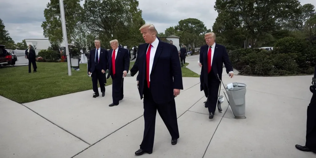 Image similar to ultra wide angle photo of donald trump dressed as a janitor walking silently past security guards, security guards